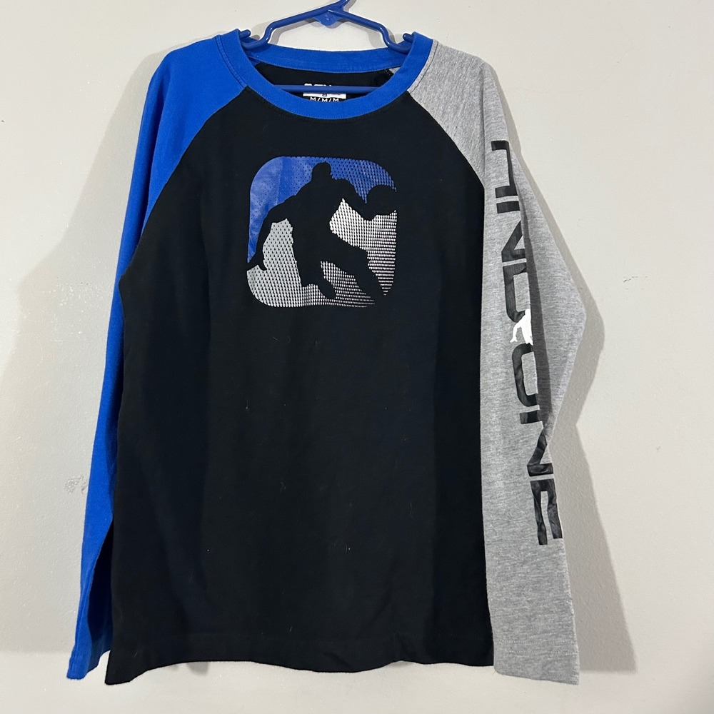 AND1 Kids Long Sleeve Basketball Graphic‎ Raglan Tee Shirt Size M 8 Black Blue